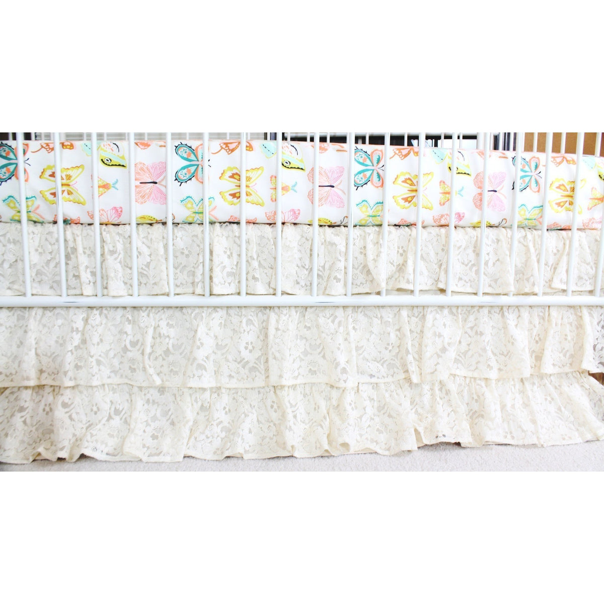 Waterfall Ruffle 3 Tier Crib Skirt | Vintage Lace Ivory-Crib Skirt-Jack and Jill Boutique