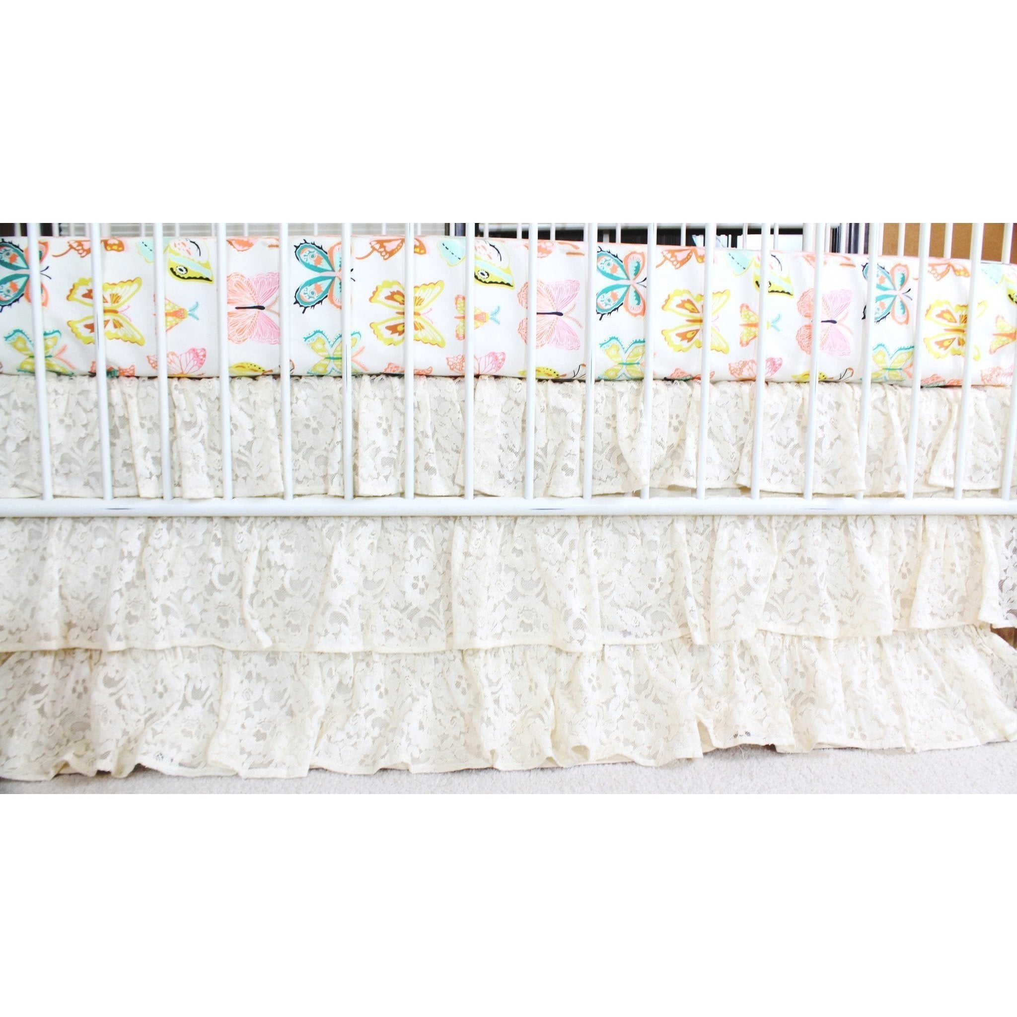 Waterfall Ruffle 3 Tier Crib Skirt Vintage Lace Ivory