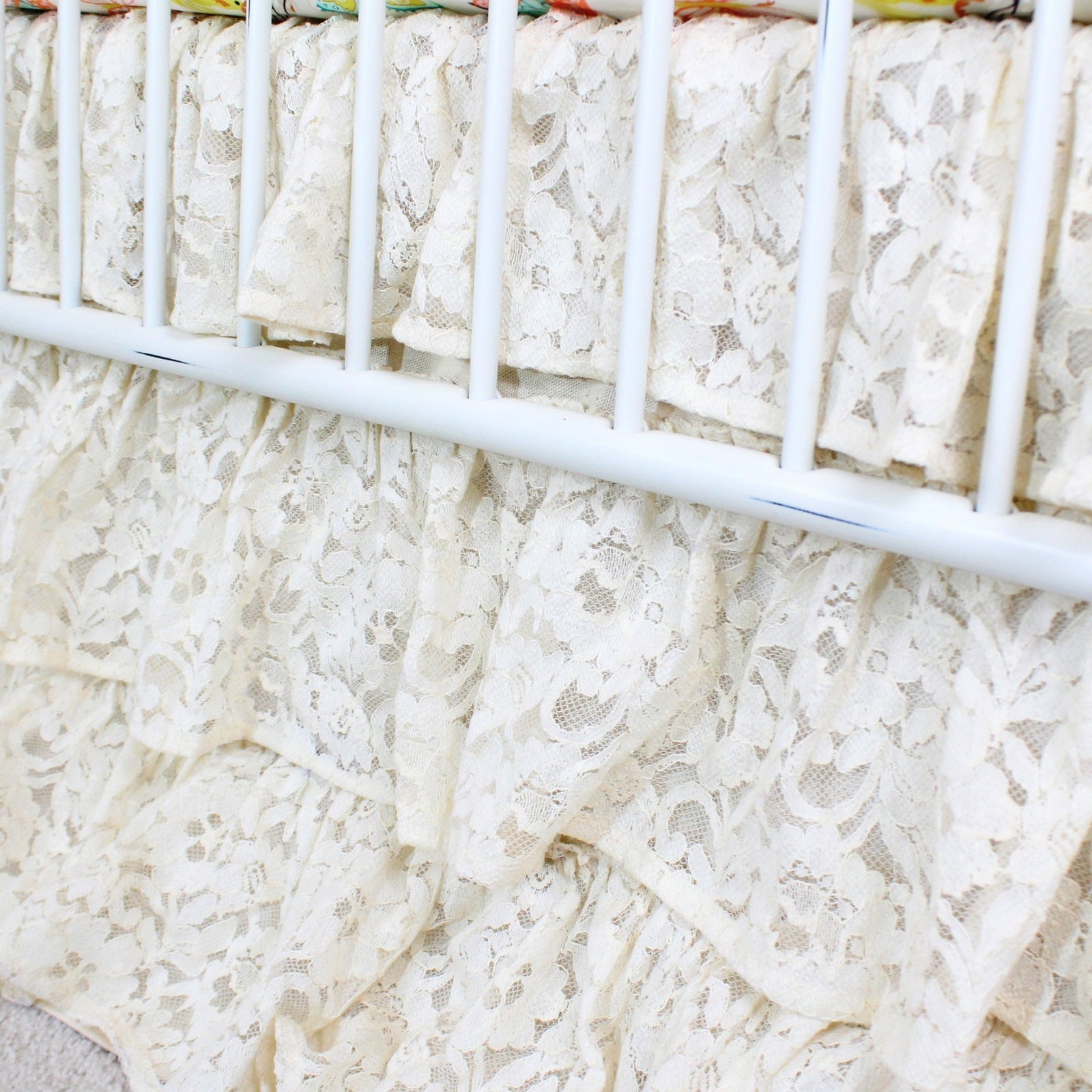 Waterfall Ruffle 3 Tier Crib Skirt | Vintage Lace Ivory-Crib Skirt-Jack and Jill Boutique